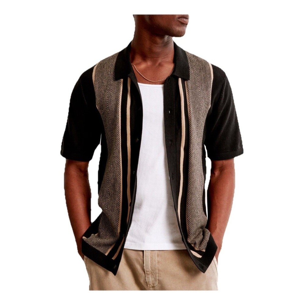 NEW Abercrombie Fitch Sweater Knit Polo Shirt Button Men  XL Retro Stripe Black